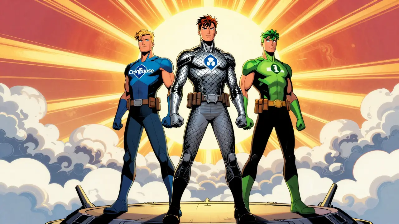 Three heroes representing safe crypto exchanges standing together