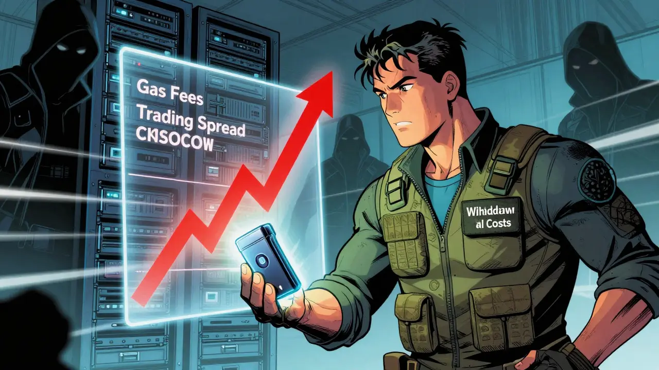 Trader evaluating fees and security risks with hackers lurking in background.