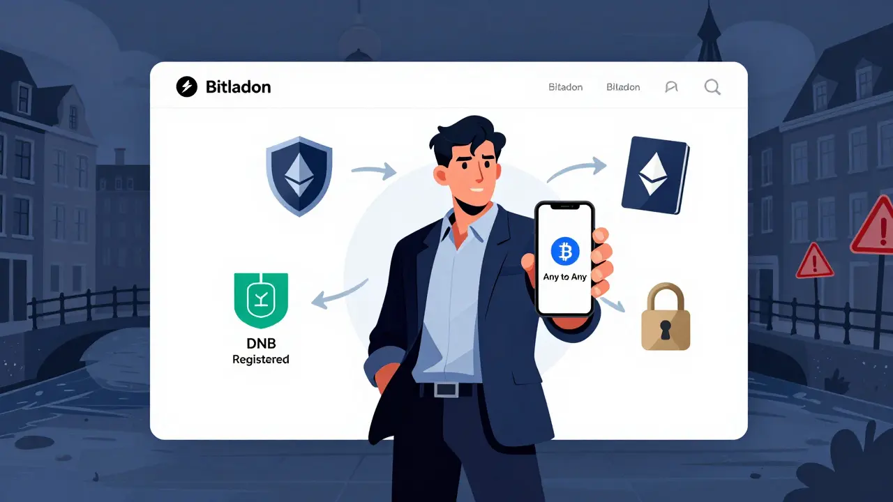 Trader using simple crypto swap app with DNB security shields in Marvel comic style.
