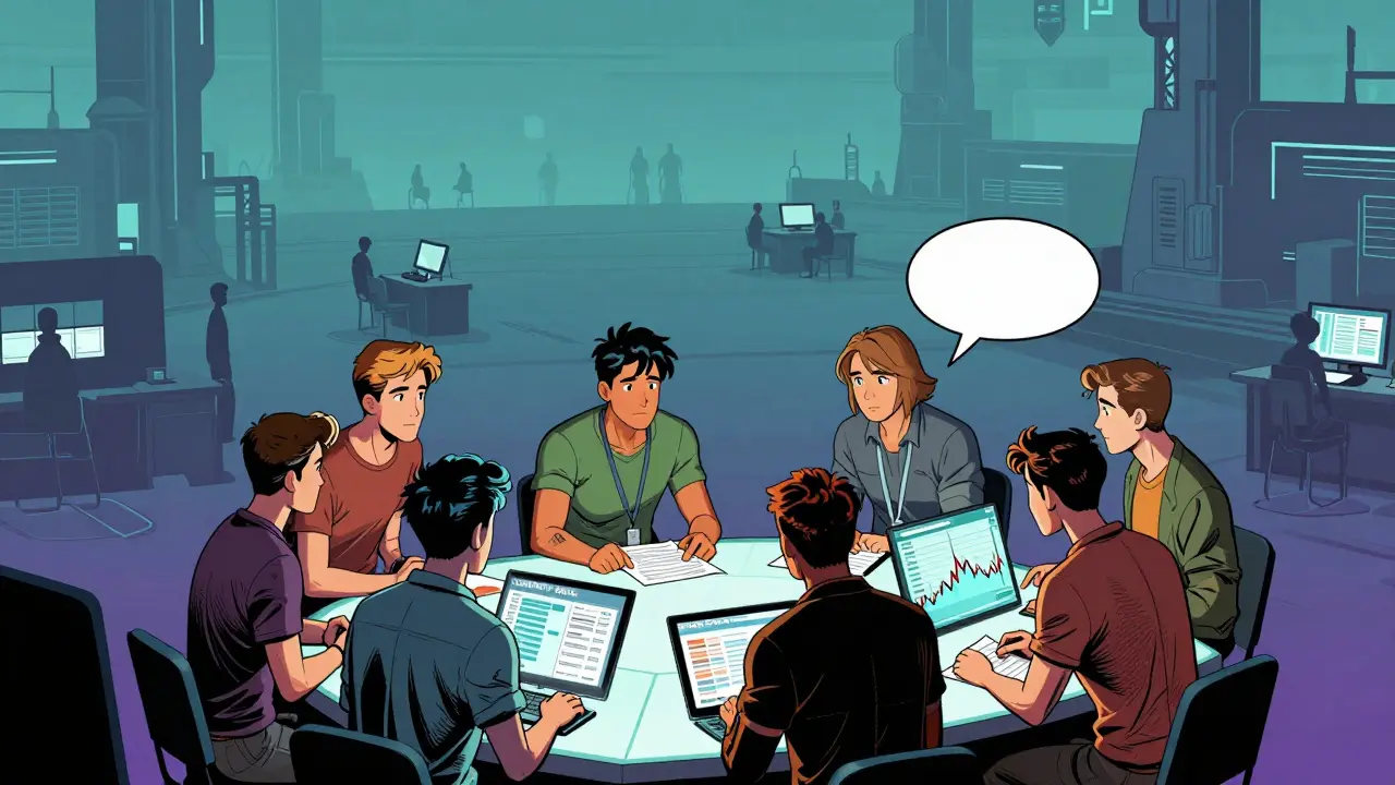 Traders cautiously analyzing volatile charts and liquidity pools in a sparse, futuristic digital arena.