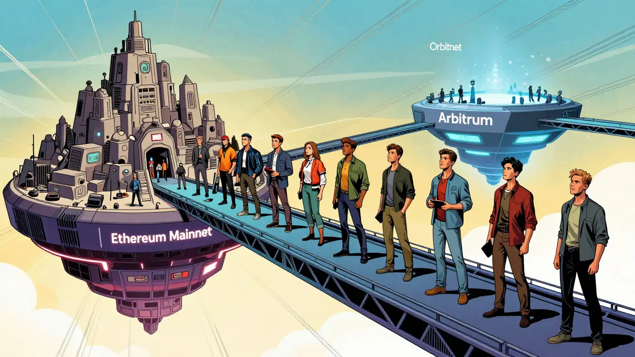 Traders crossing a bridge from heavy Ethereum platform to sleek Arbitrum