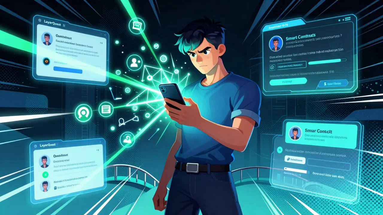 User completes blockchain quests surrounded by digital task visuals.