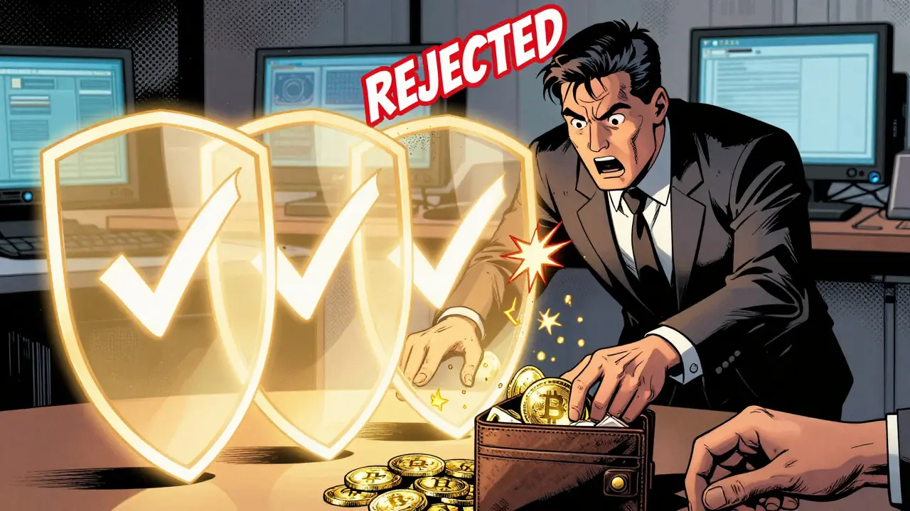 A thief blocked by glowing security shields from stealing crypto funds in a comic book scene.