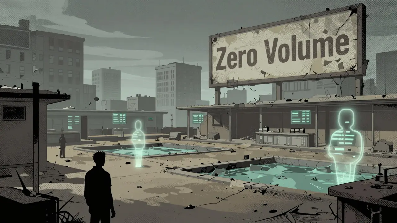 Abandoned digital cityscape showing zero volume DEX