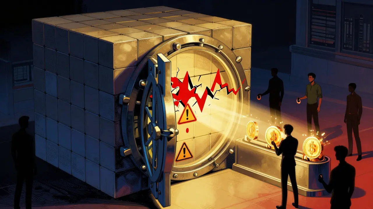 Blockchain vault with security cracks and users locking tokens for rewards