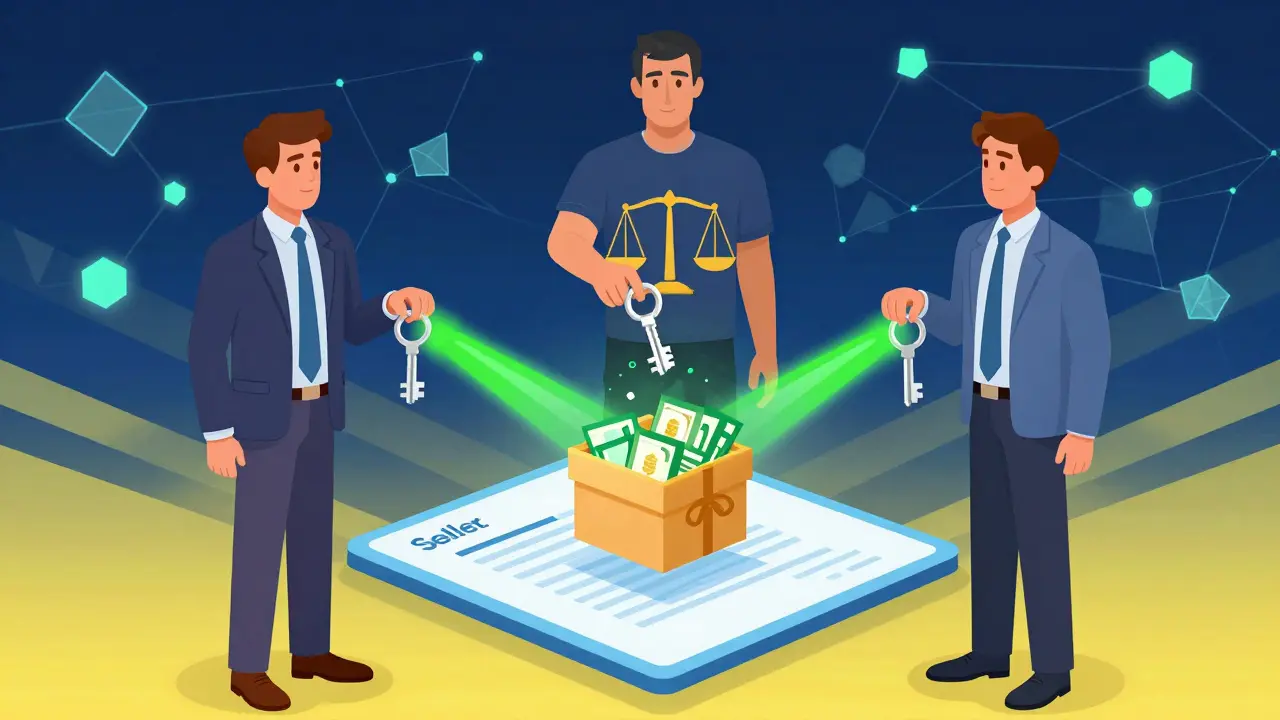 Buyer, seller, and arbitrator managing a secure escrow transaction with digital keys.
