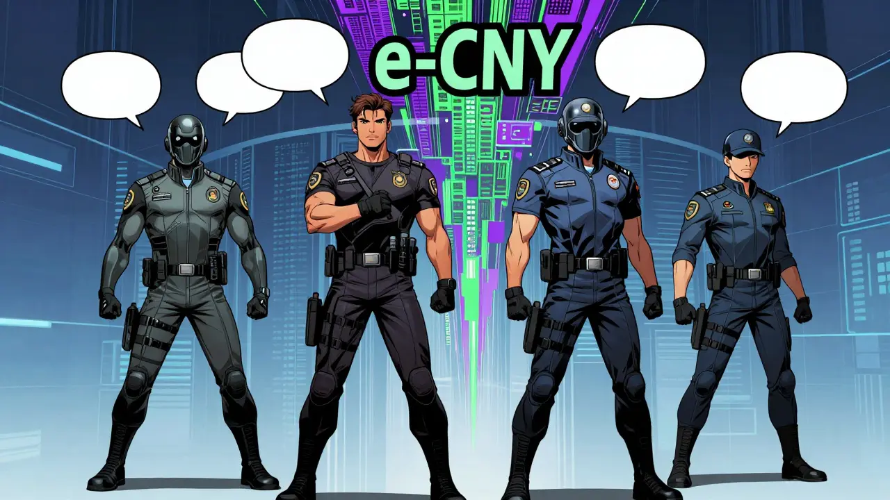 Comic book scene of Chinese agencies blocking crypto for e-CNY adoption