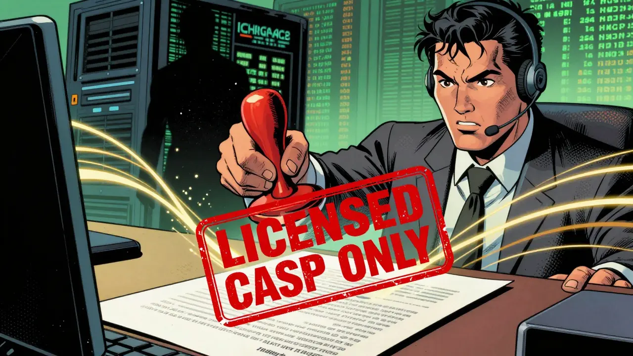 Comic book style image of a trader using a licensed platform under strict regulations