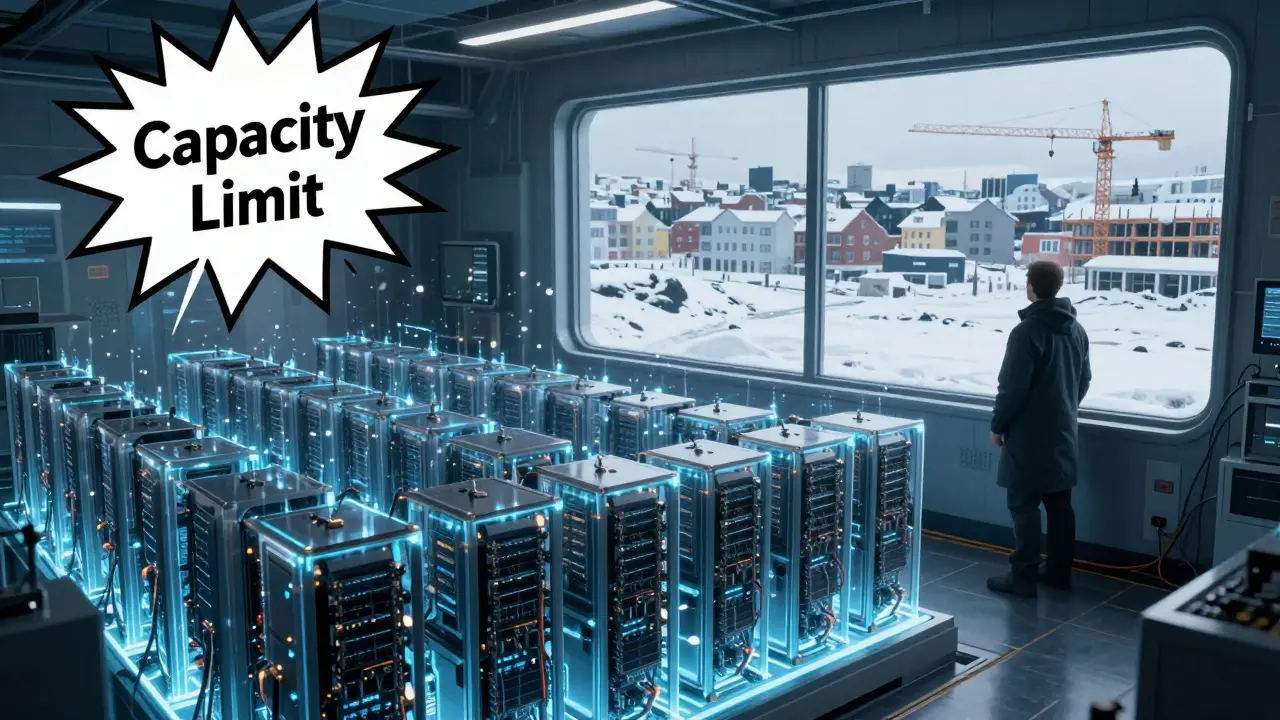 Comic book view of a stalled crypto mining facility due to energy caps in Iceland.