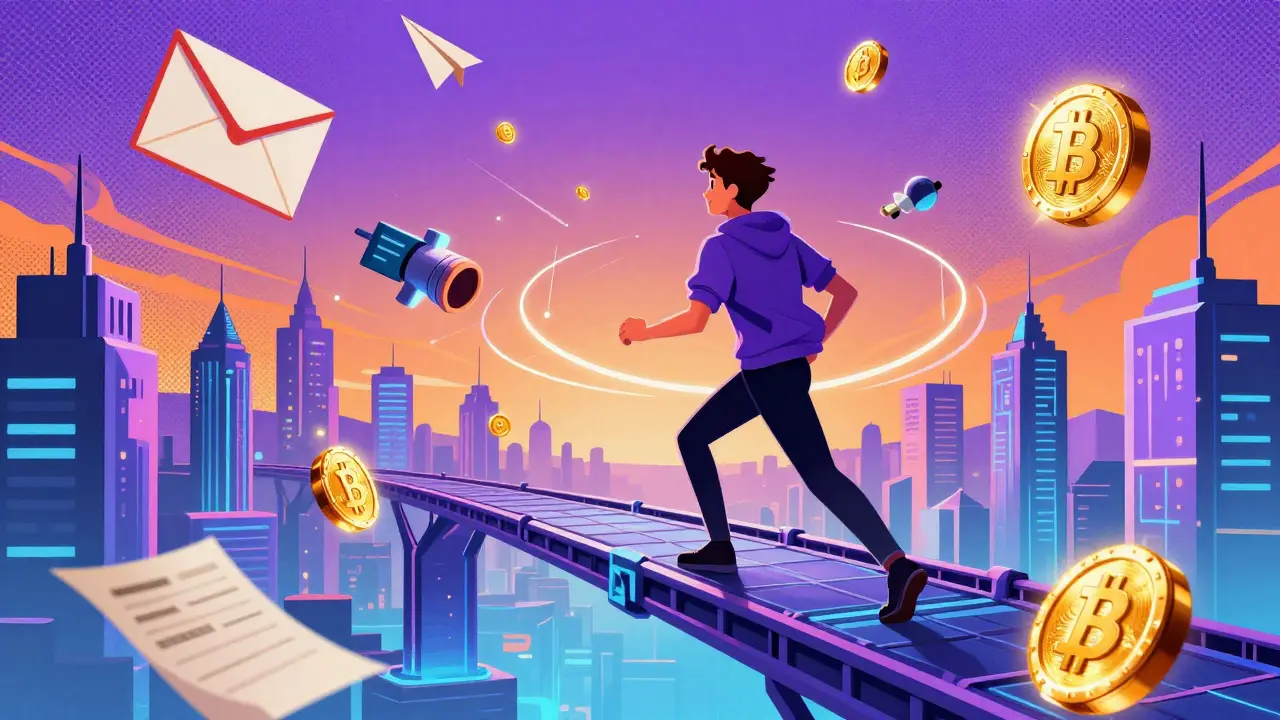 Creator on blockchain bridge with floating crypto assets