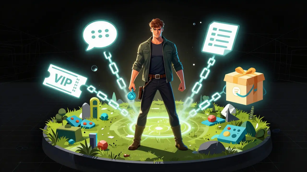 Creator surrounded by floating perk icons connected by blockchain chains