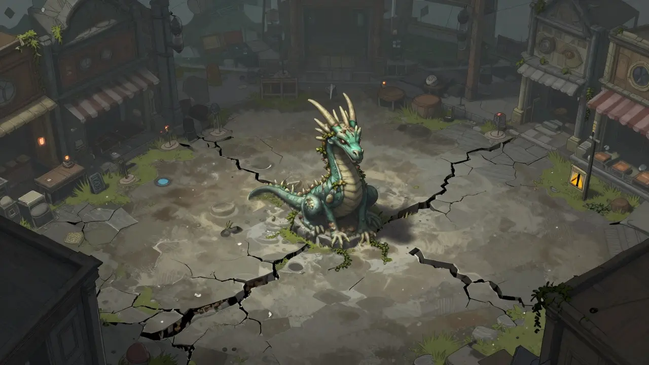 Desolate digital landscape with a faded dragon statue symbolizing project decline