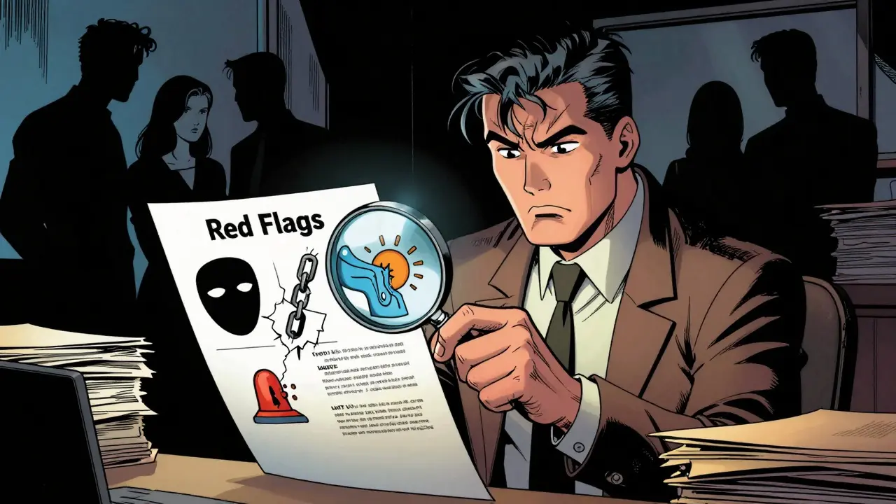 Detective examining red flags of crypto scams with magnifying glass