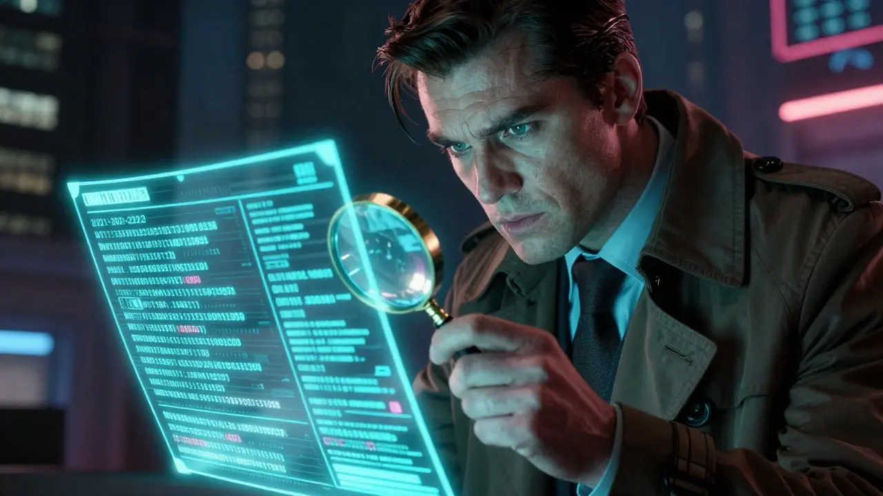 Detective investigating blockchain history on holographic screen in comic art