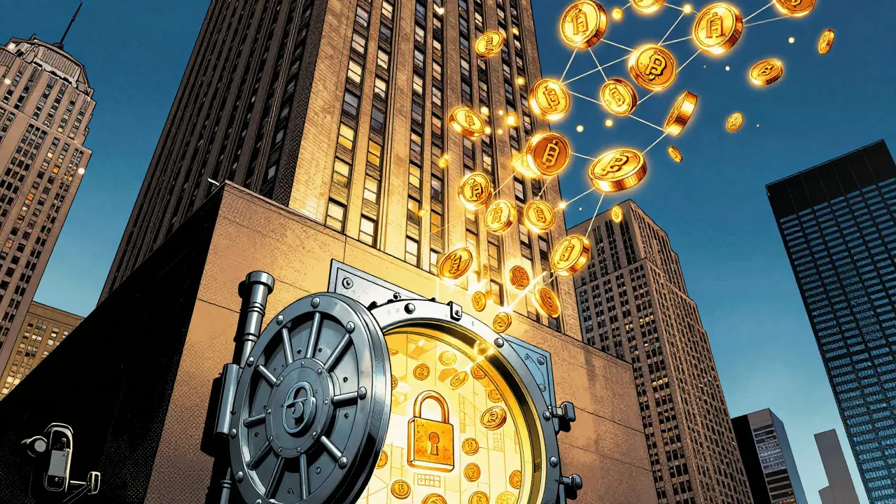 Digital tokens emerging from a skyscraper, symbolizing tokenized real estate