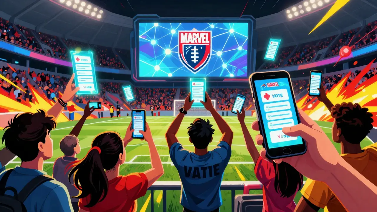 Fans voting digitally in stadium with holographic ballots in comic style