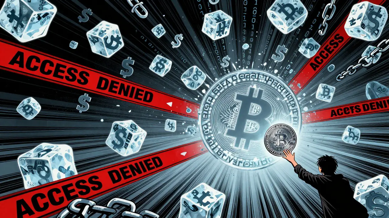 Frozen Bitcoin coins trapped in void representing lost keys