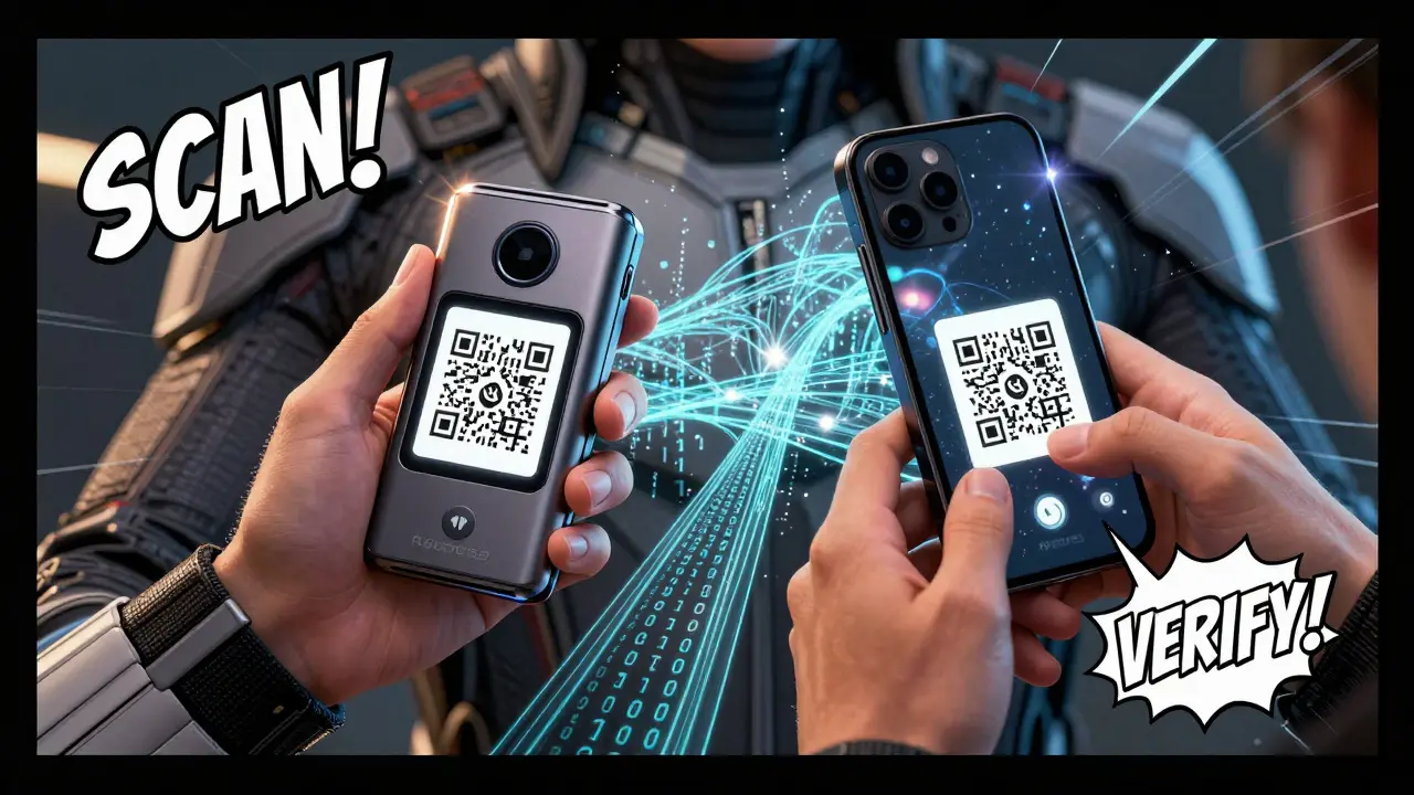 Hands scanning QR codes between crypto hardware wallets