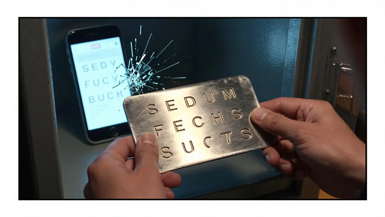 Hands storing a metal seed phrase backup in a safe while a phone screenshot shatters.