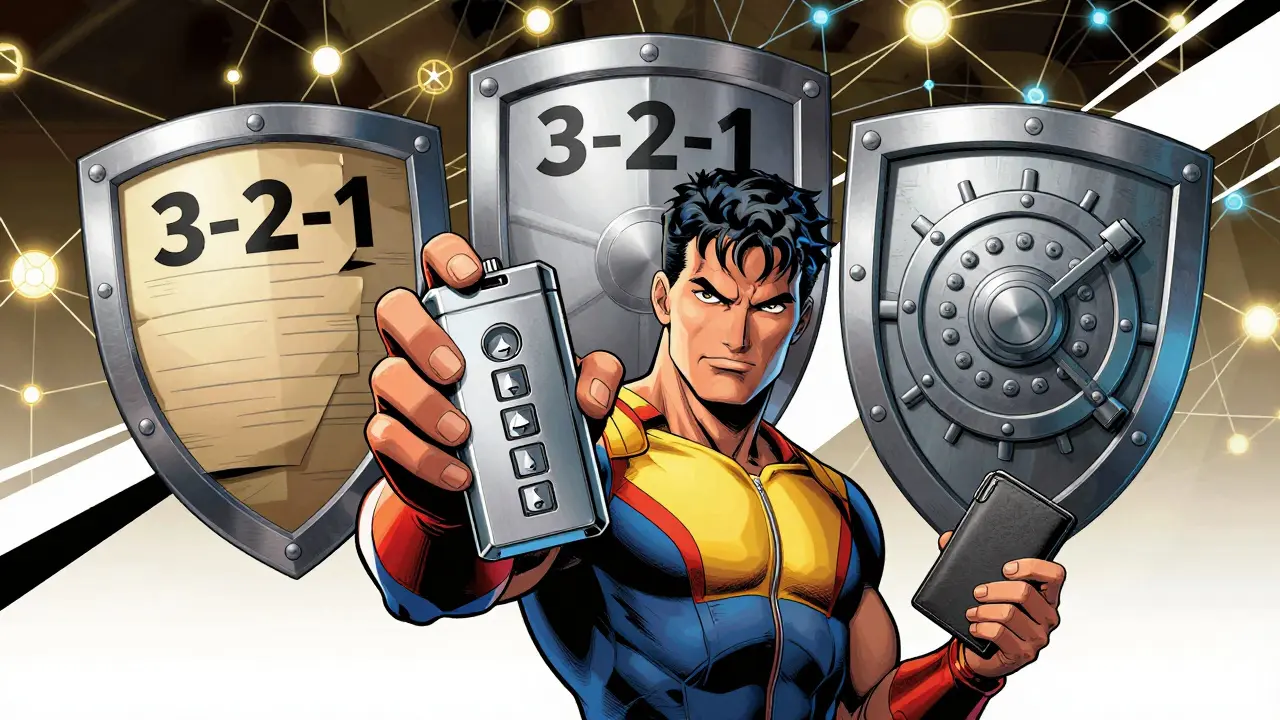 Hero holding metal seed phrase backup and hardware wallet