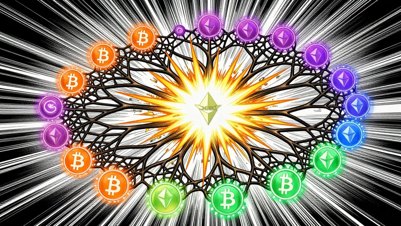 Illustration of a seed phrase generating a tree of multiple cryptocurrency addresses.