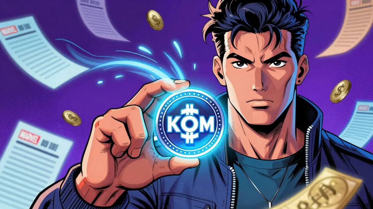 Investor holding glowing KOM token representing staking and governance rights