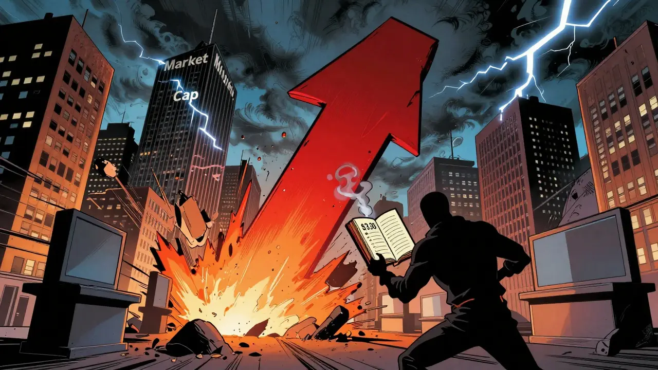 Marvel-style illustration of a crashing crypto market and dissolving assets