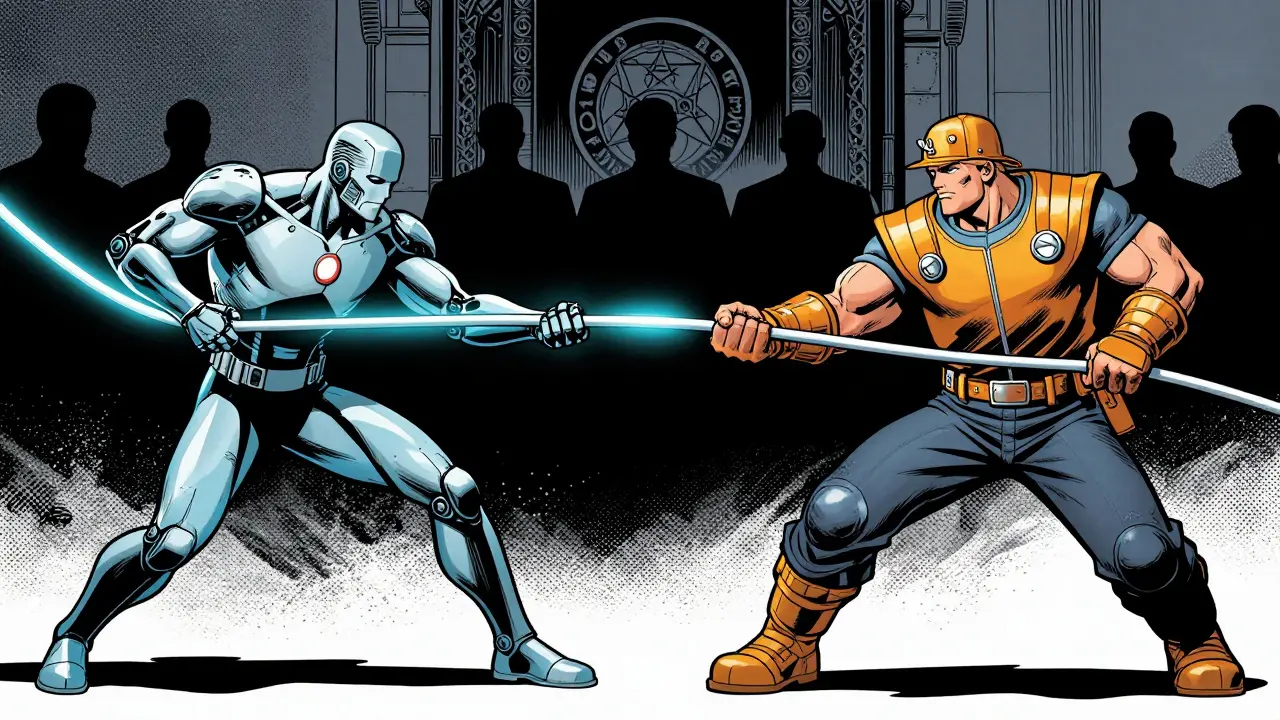 Marvel-style illustration of crypto mining competing with aluminum industry for power.