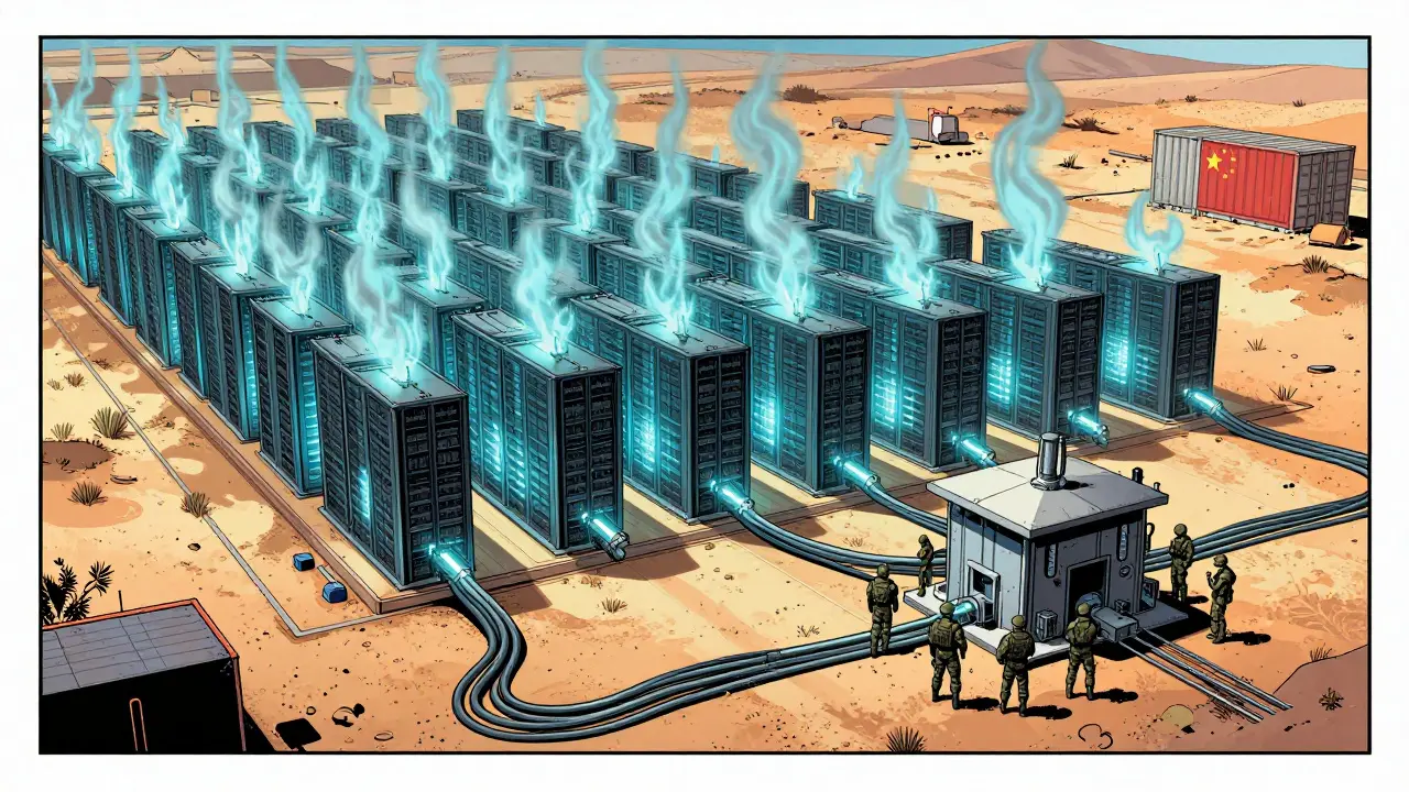 Massive desert crypto mine with military guards and cables
