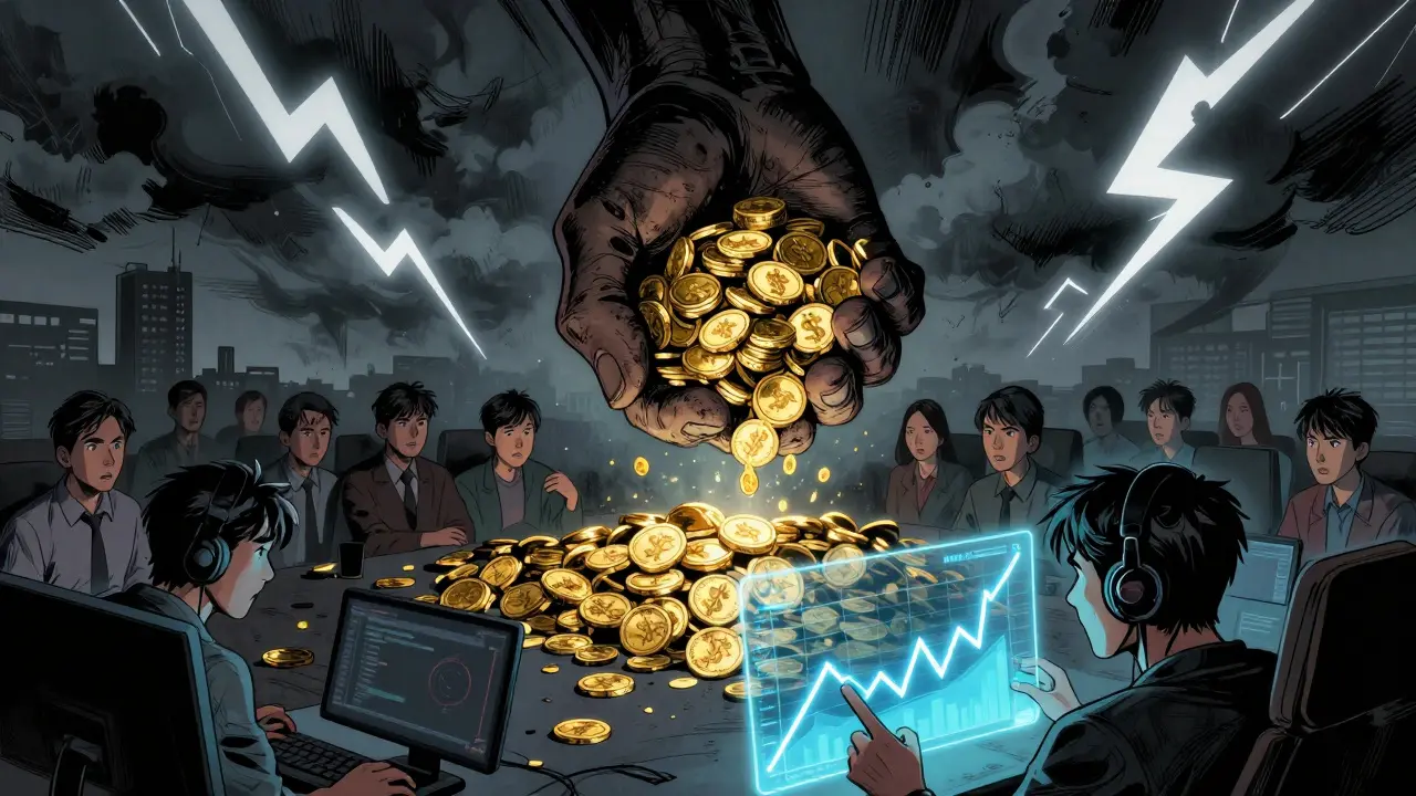 Shadowy hand hoarding tokens while investors face declining graphs in darkness