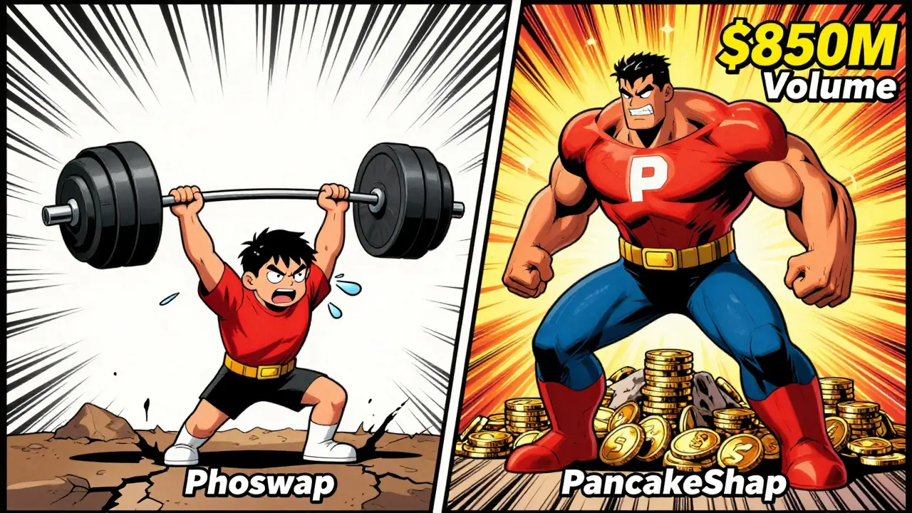 Small character struggling with low liquidity vs giant hero lifting massive trading volume