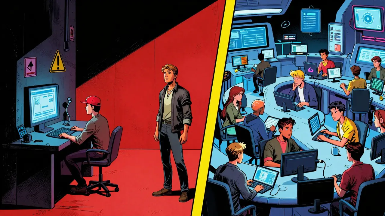 Split view: isolated trader vs. bustling exchange, showing risk vs safety