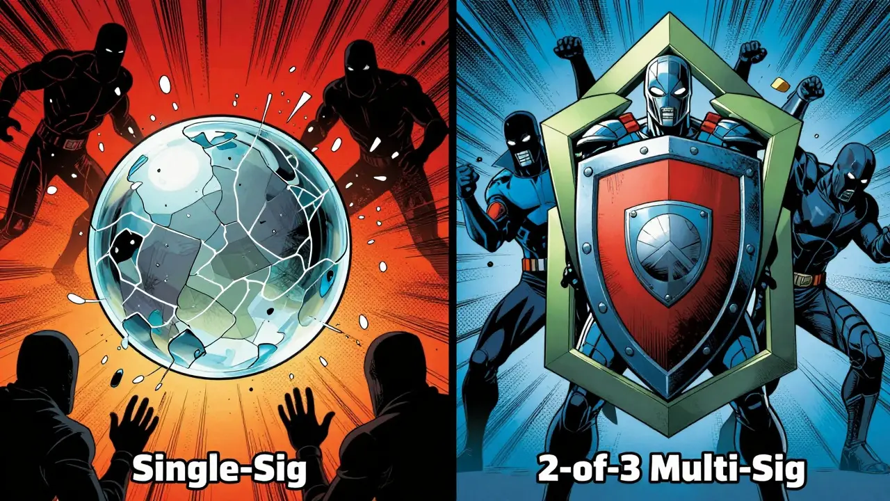 Split view showing broken single key vs strong multi-key shield