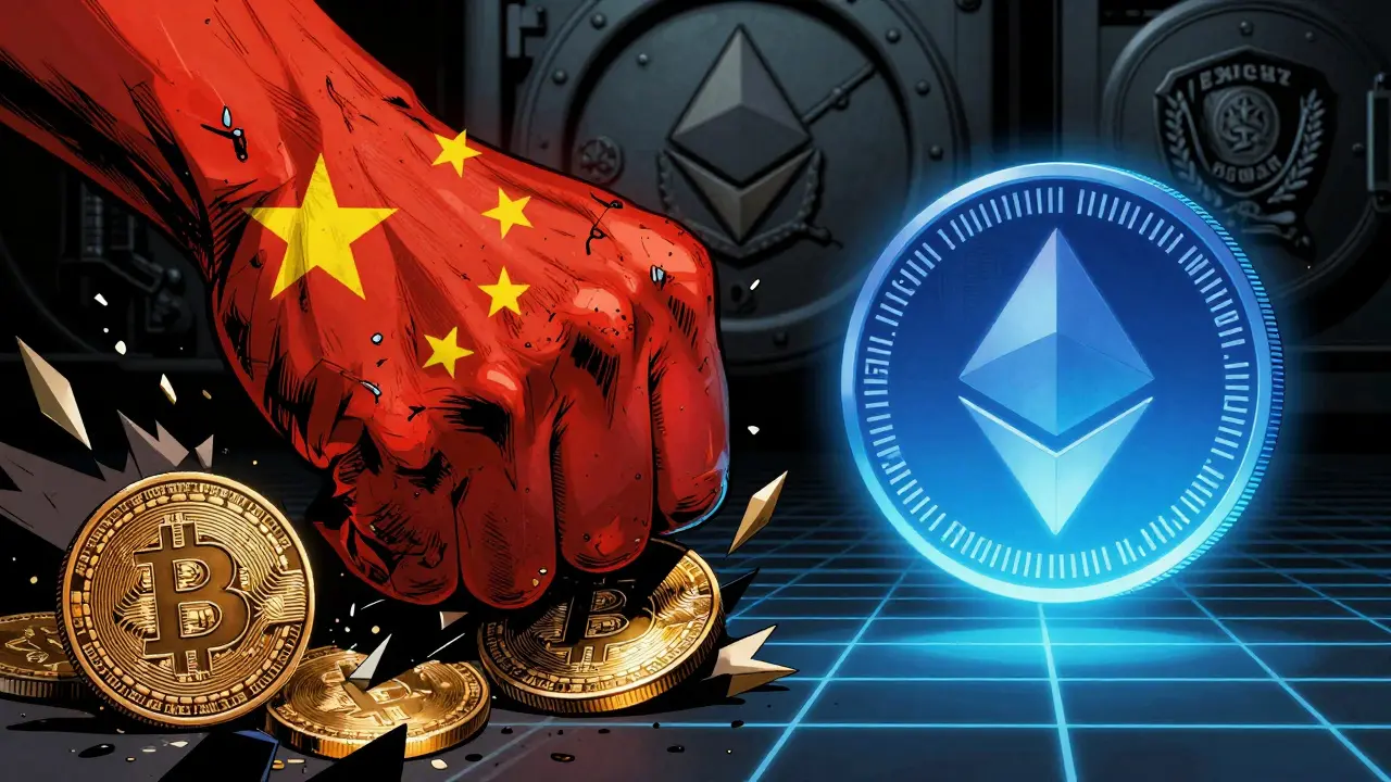 State fist crushing crypto coins while digital yuan shines