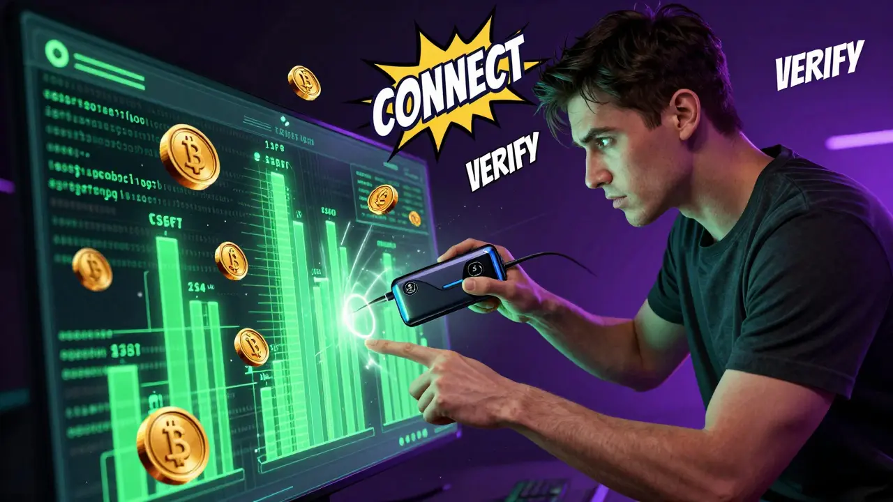 User connecting hardware wallet to DeFi platform with data streams