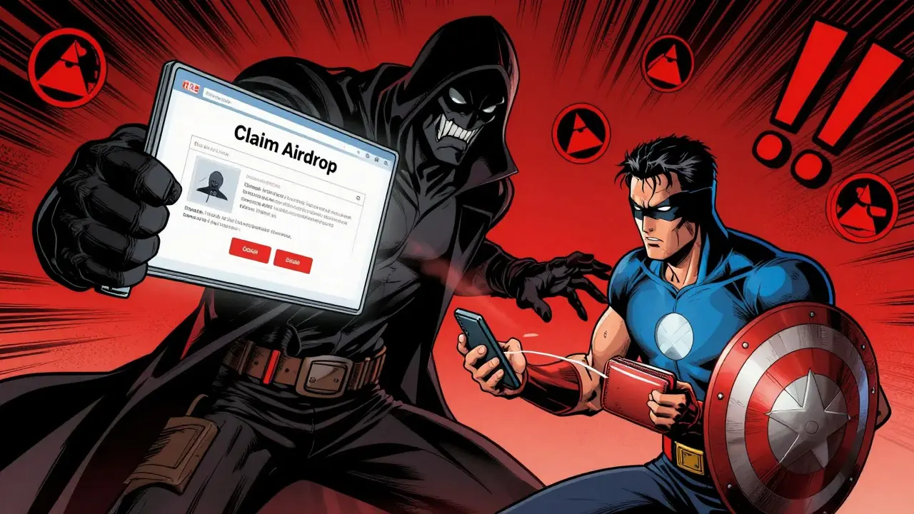 Villain threatening user with fake airdrop scam site in Marvel comic style