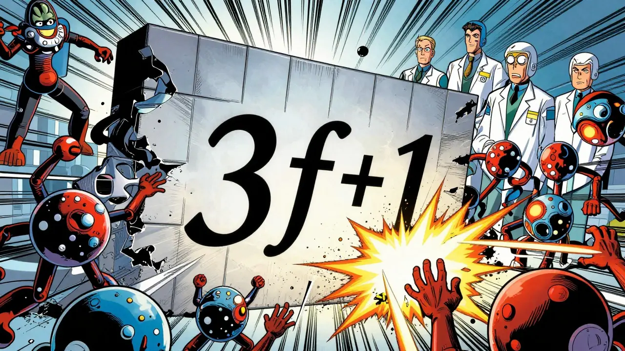 A defensive wall blocking glitch monsters, symbolizing the 3f+1 fault tolerance limit.