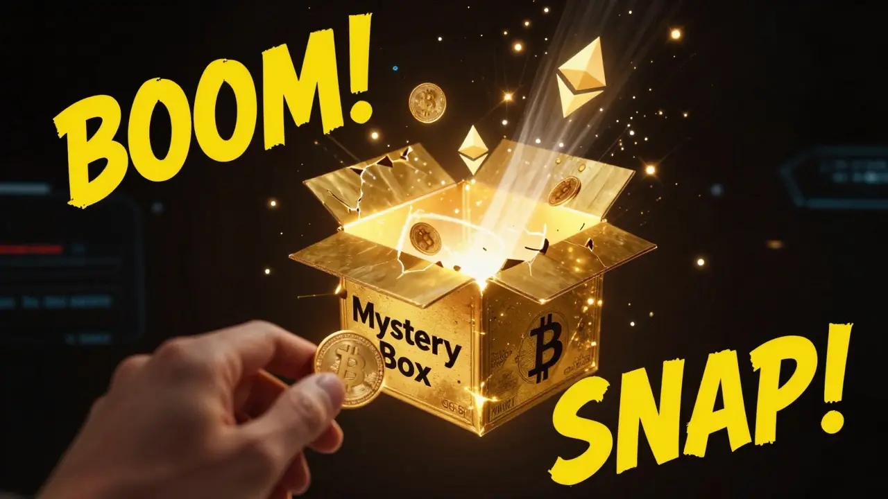 A glowing mystery box opening to reveal cryptocurrency tokens in comic art