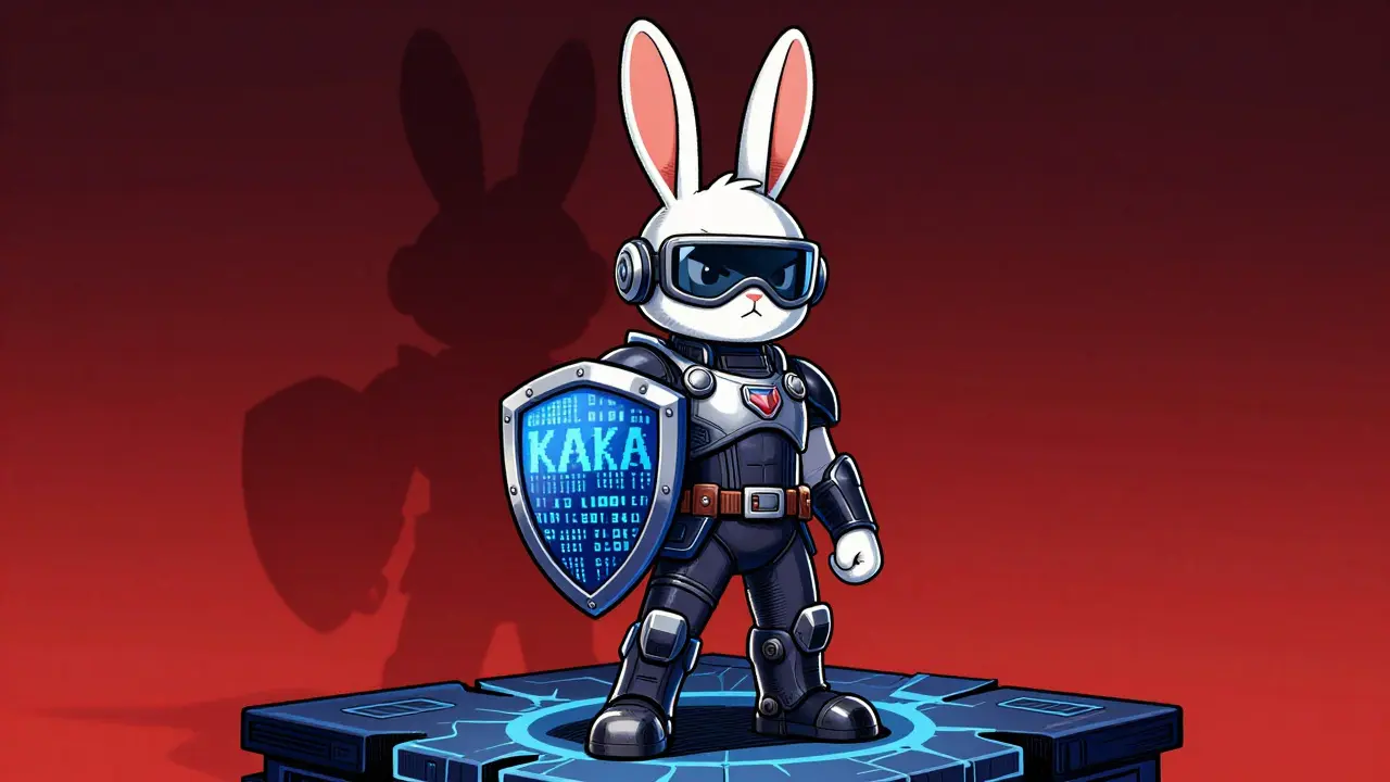 A heroic rabbit NFT character standing guard over blockchain assets