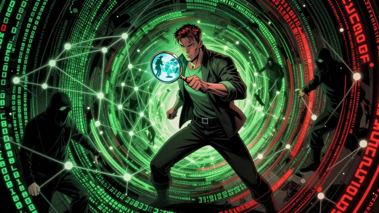 Analyst using magnifying glass to trace illicit crypto flows in code
