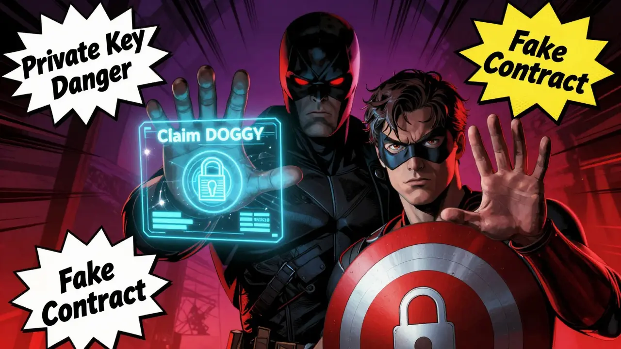 Comic art of hero blocking a scammer trying to steal crypto private keys