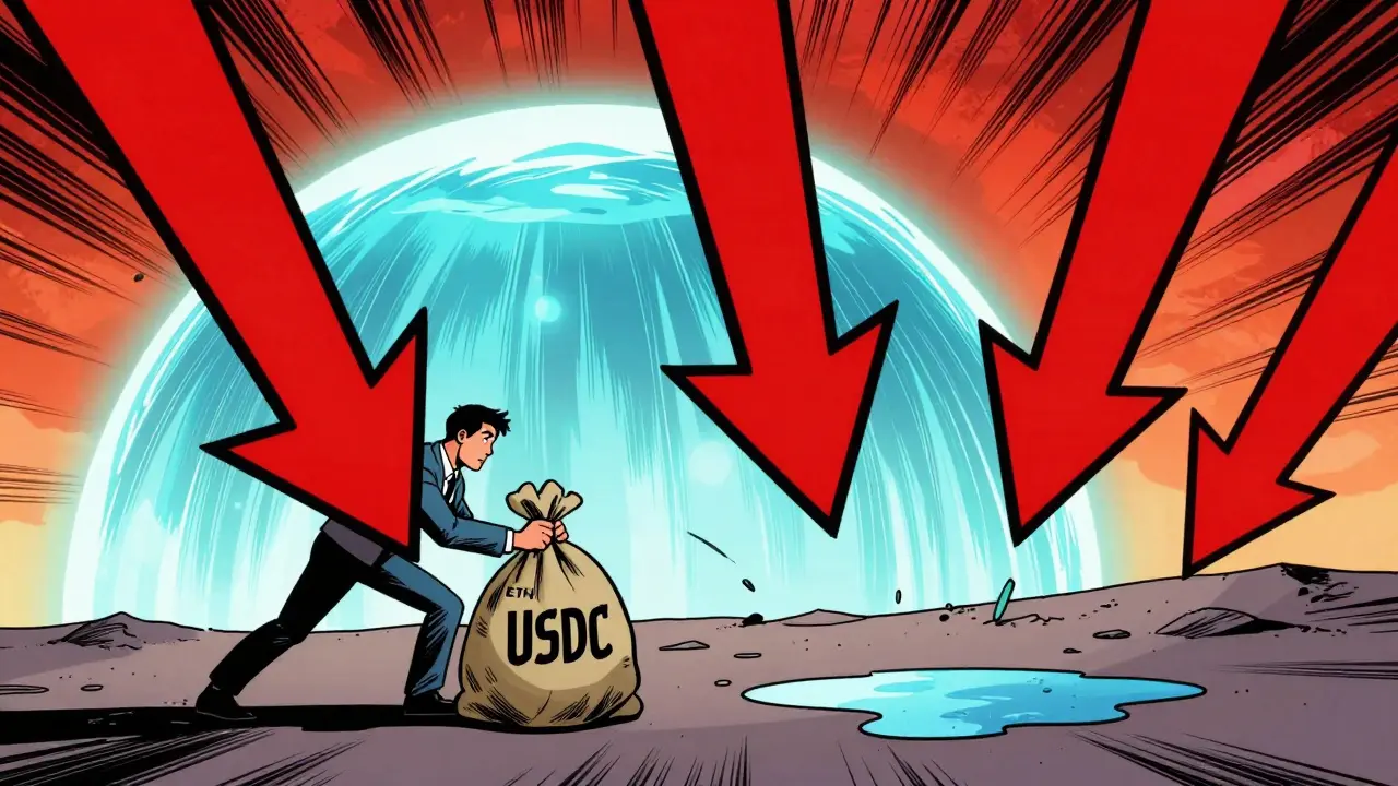 Comic art showing money lost to slippage on a shallow trading pool