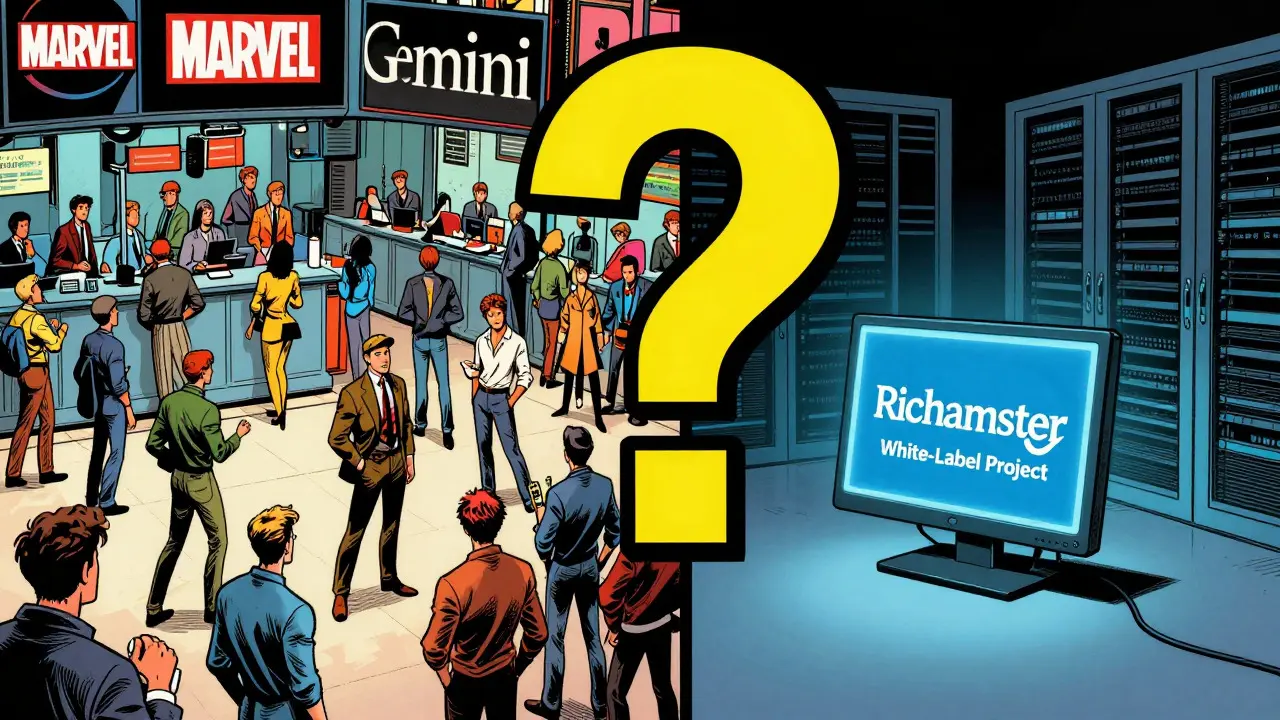 Comic comparison of busy real exchange vs empty white-label server room with question mark.