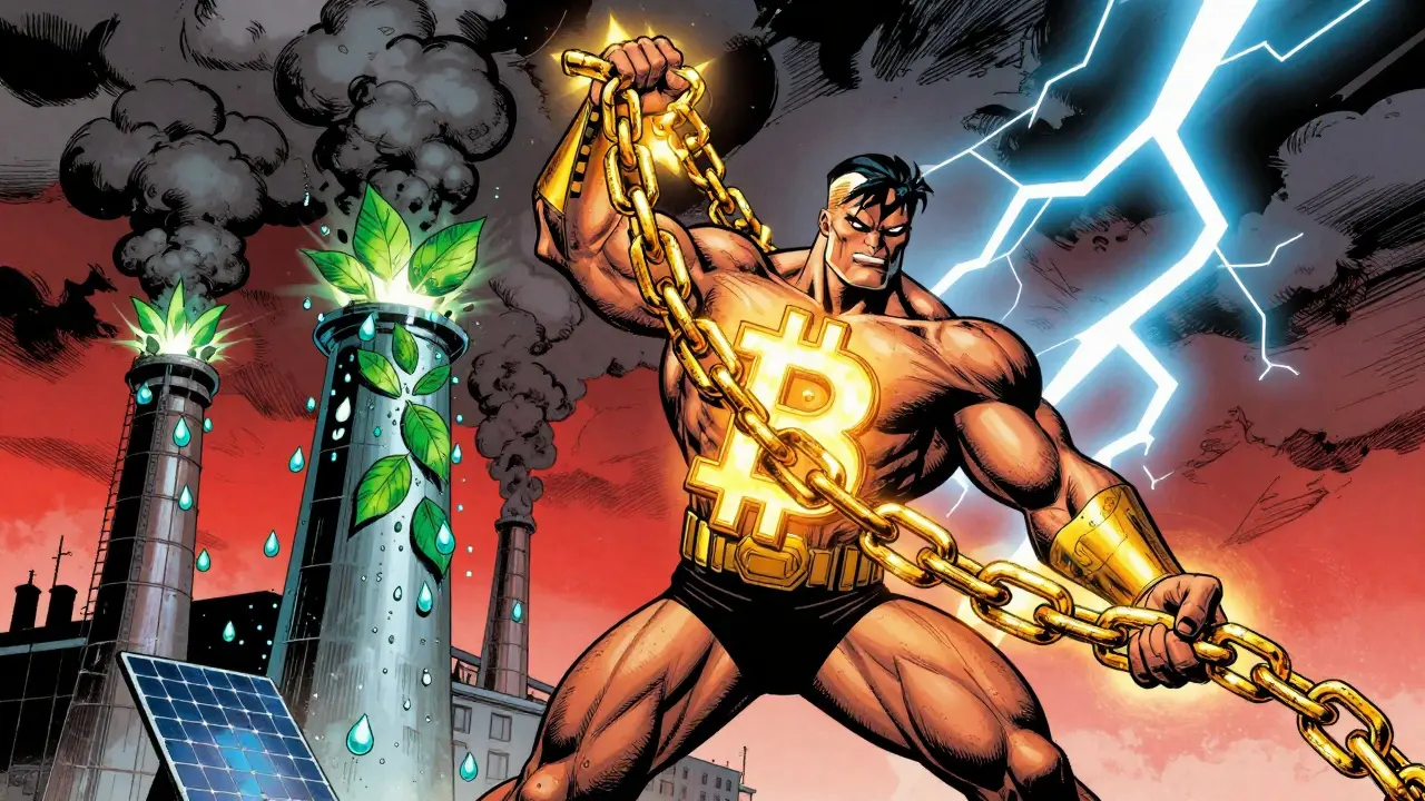 Comic illustration of Bitcoin security balancing energy use with renewables