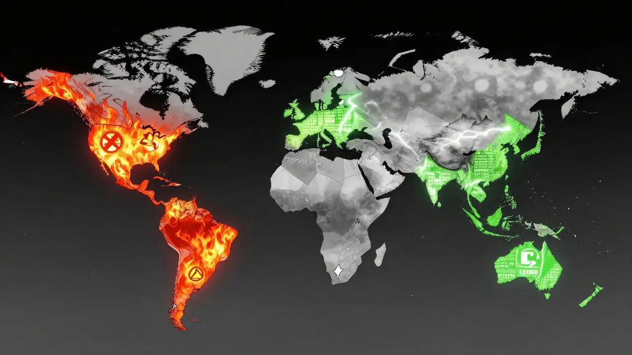 Fragmented world map showing crypto restriction zones