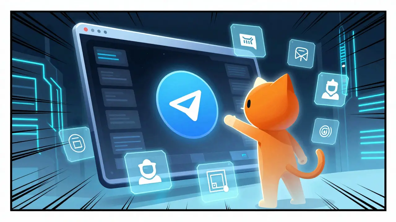 Futuristic holographic interface with cat mascot in Telegram ecosystem