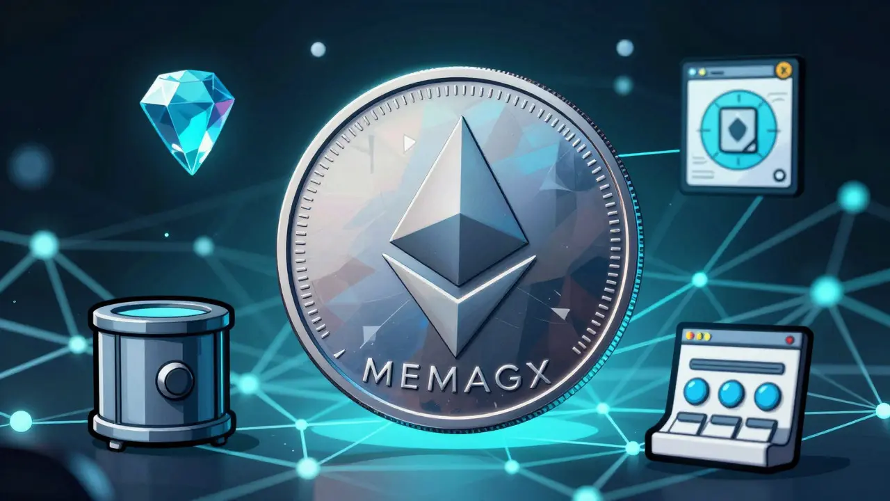 Futuristic MEMAGX token floating in Ethereum network web