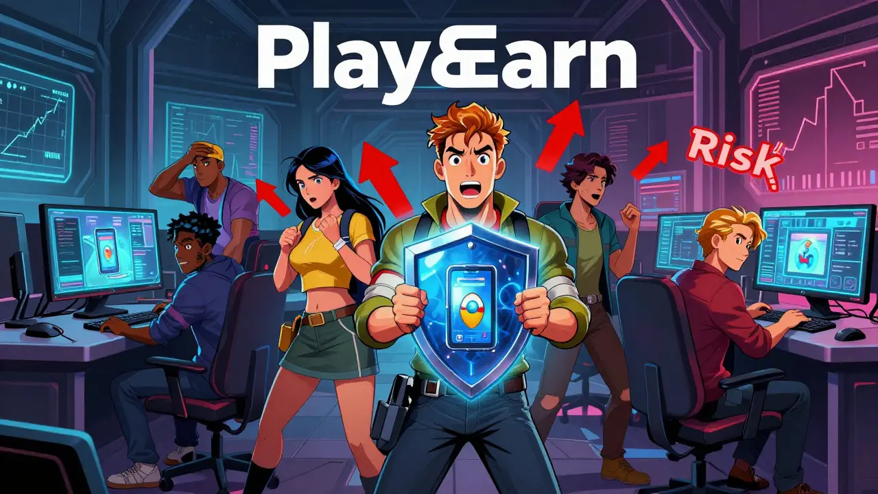 Gamers in guild hall viewing holographic mobile games safely