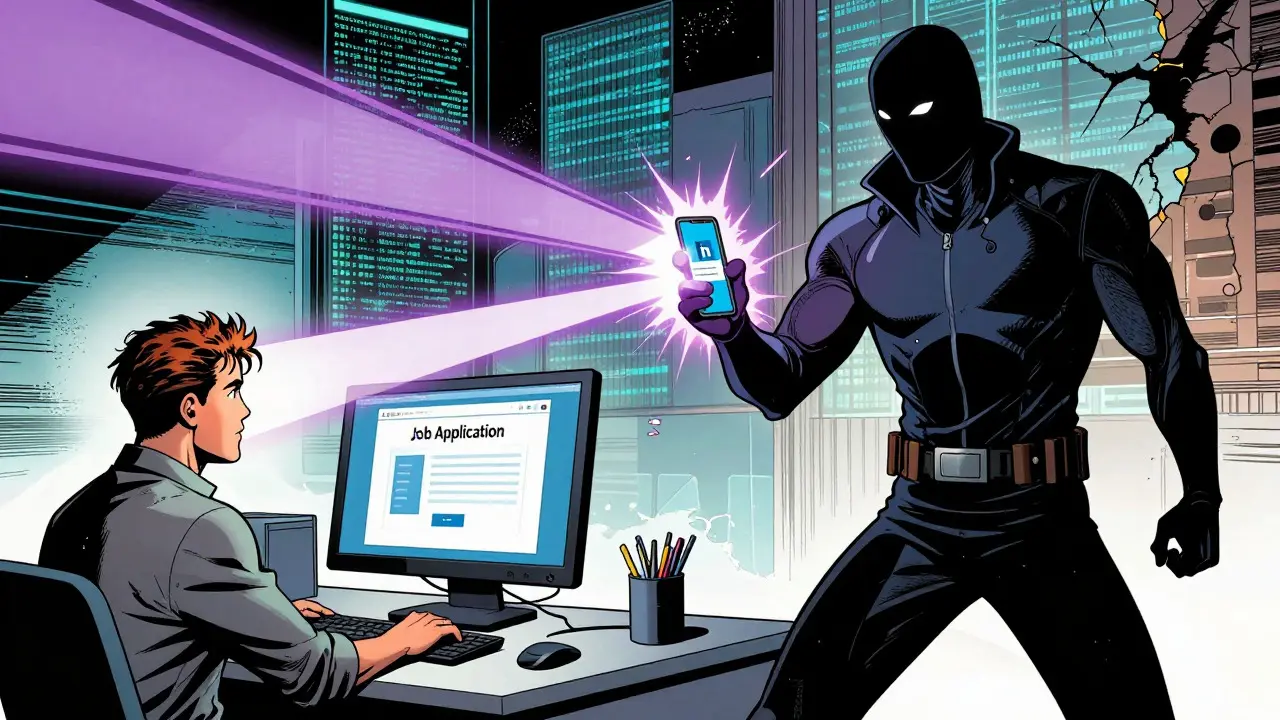 Hacker sending malicious link to unsuspecting employee via phone in comic style