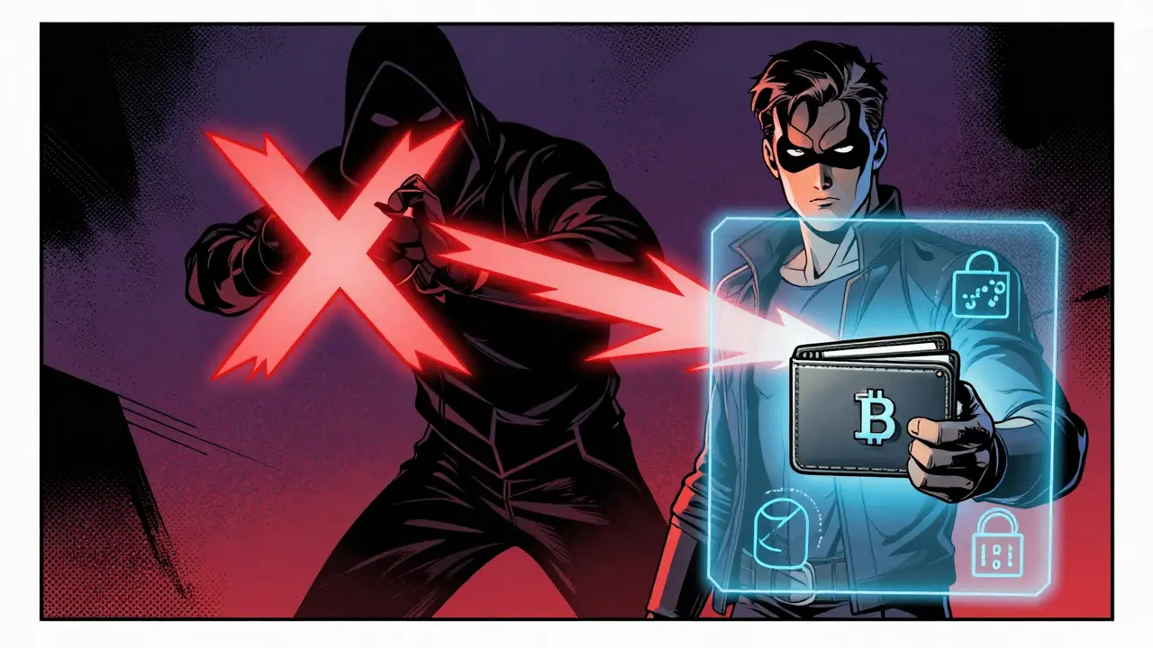 Hero defending crypto wallet from shadowy scammer in Marvel comic art
